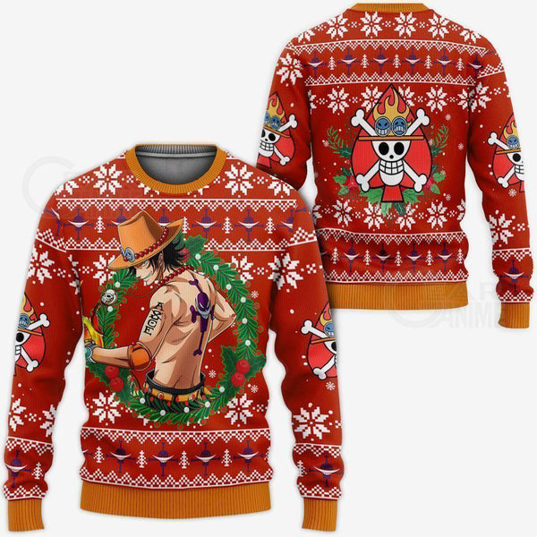 Divesart - Portgas Ace Ugly Christmas villapaita ja huppari One Piece Anime Xmas